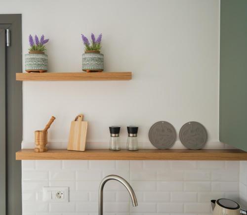a kitchen counter with wooden shelves above a sink at Sandy feet relax suite in Kardamaina