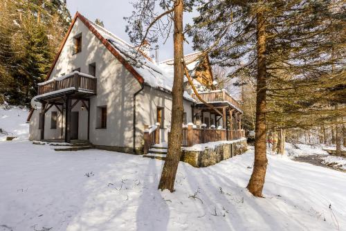 una casa en la nieve con árboles delante en Biały Dom W ROPKI, en Ropki