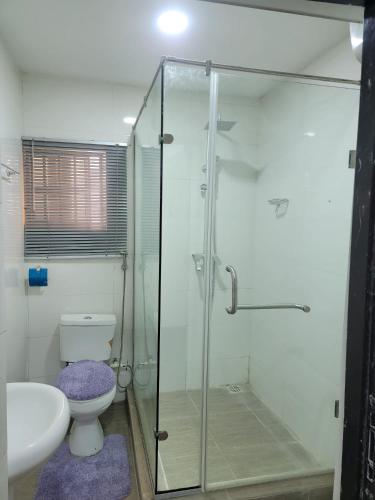 a bathroom with a shower and a toilet and a sink at S&M HOUSE in Lekki