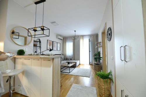 una cucina e un soggiorno con lavandino e specchio di Apartman SUN a Inđija