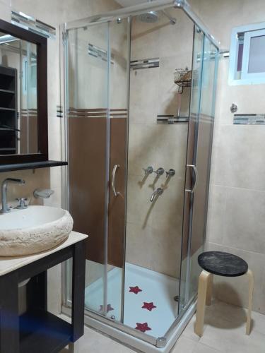 uma casa de banho com um chuveiro e um lavatório. em La torre 22 em Santiago del Estero