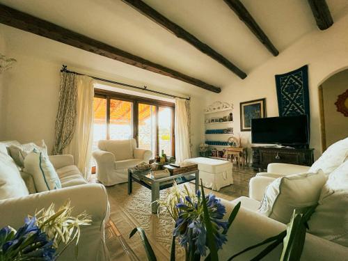 ゴルフォ・アランチにあるSardinian Luxury Hospitality - Villa Fuli Rooms and moreのリビングルーム(白いソファ、テレビ付)