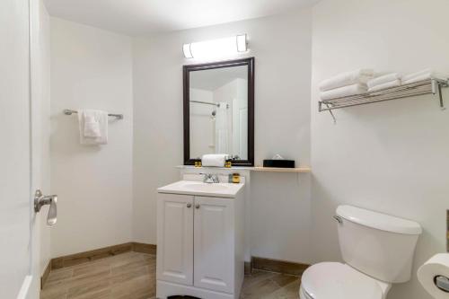 a white bathroom with a toilet and a mirror at Best Western Plus Brunswick Bath in Brunswick