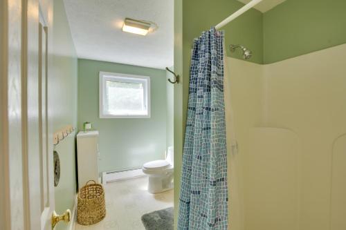a bathroom with a toilet and a shower curtain at Bethel Chalet with Hot Tub 3 Miles to Sunday River! in Bethel
