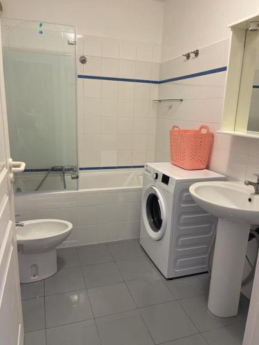 une salle de bain avec une machine à laver et un lavabo dans l'établissement 2/3 pièces avec terrasse à NICE, à Nice