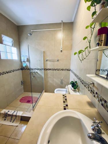 a bathroom with a shower and a sink and a tub at Plaza Departamentos Temporarios in Formosa