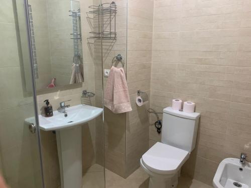 ein Bad mit einem WC, einem Waschbecken und einer Dusche in der Unterkunft Beralmar Asilah Chez FATIMA in Asilah