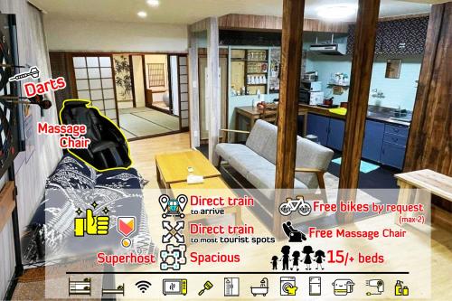 a living room with a couch and a kitchen at Wasaike House in Osaka