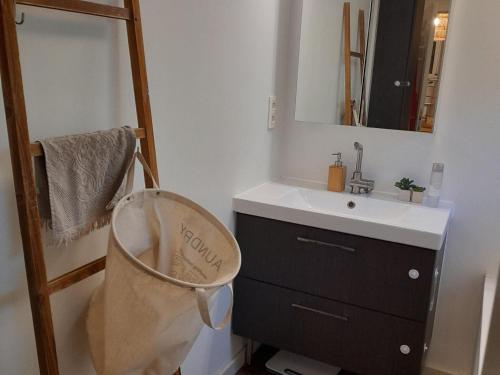 La salle de bains est pourvue d'un lavabo et d'un miroir. dans l'établissement Cozy chalet in a nature reserve with garden, à Oud-Turnhout