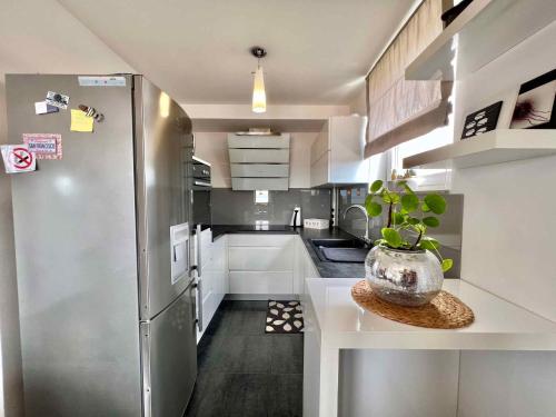 uma cozinha com um frigorífico de aço inoxidável e um vaso de plantas em Apartments in Crikvenica 44153 em Crikvenica