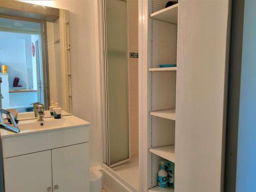 une salle de bain avec un lavabo et un miroir dans l'établissement Appartement 2 Pièces Cabine, Piscine, Proche Plage - 6 Pers. - FR-1-225-792, à Argelès-sur-Mer