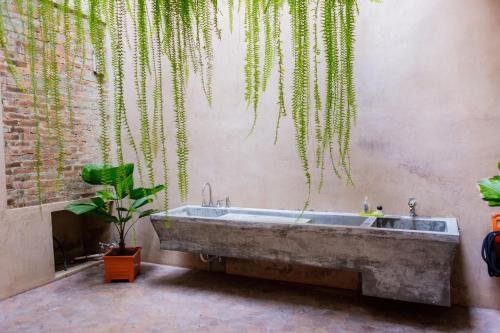 un bagno con una grande vasca in pietra con una pianta di The Palm- A Luxury Villa a Retalhuleu