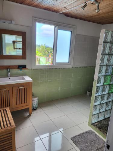 een badkamer met een wastafel en een raam bij Villa letchi in Entre-Deux
