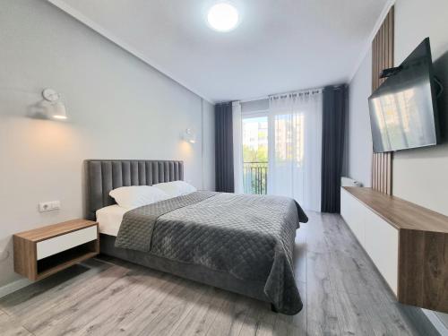 a bedroom with a bed and a large window at Center, Albisoara str., 1bedroom and living with balcony in Chişinău