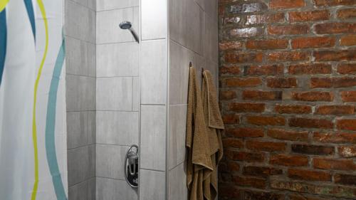 a shower in a bathroom with a brick wall at Bukska Sadyba in Buki