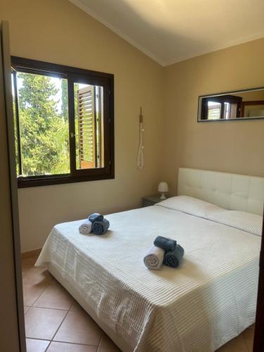 1 dormitorio con 2 camas y ventana en Casa vacanza DF con piscina en Campofelice di Roccella