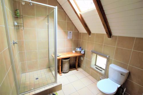 uma casa de banho com um WC e uma cabina de duche em vidro. em Emzini Apartments em Midrand