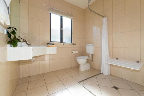 a bathroom with a toilet and a sink and a tub at Harvest Lodge Motel in Havelock North