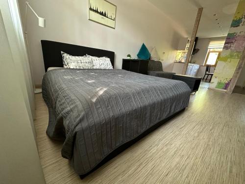 a bedroom with a large bed in a room at Studio apartment in private house in Rīga