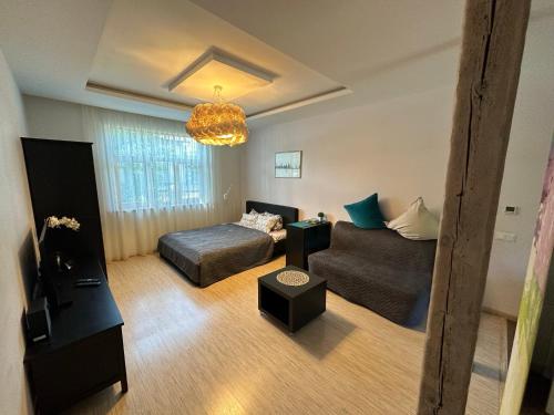 里加的住宿－Studio apartment in private house，客厅配有沙发和1张床