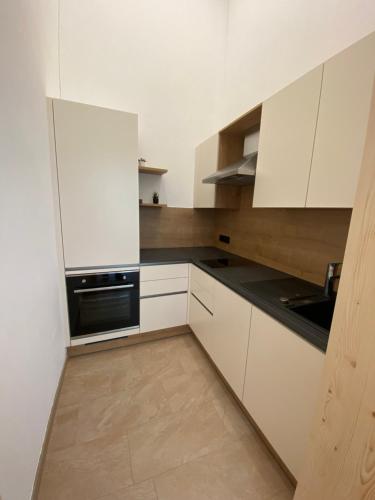 a kitchen with white cabinets and a black appliance at moderne Apartments am Attersee Dachsteinblick - ruhige Lage mit traumhaften Blick in Nussdorf am Attersee