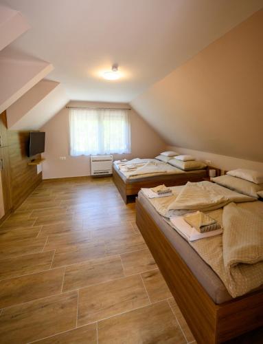 a room with three beds and a television at Nándi Jakuzzis Vendégház in Gyomaendrőd