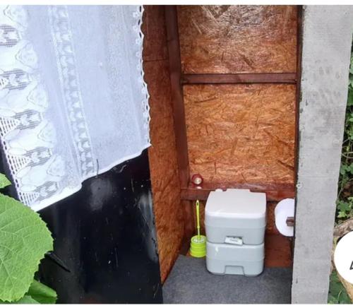 uma pequena casa de banho com um WC e uma janela em Căsuța Sara- the story of nature em Plopi