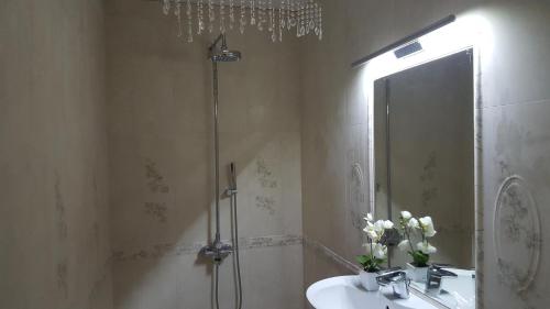 uma casa de banho com um chuveiro, um lavatório e um espelho. em Apartament Olivija em Jūrmala
