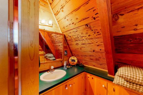 un bagno con lavandino in una cabina di legno di The Regal Bear a Homewood