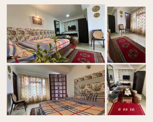 a collage of four pictures of a hotel room at Backpackers Den (TRC) in Gangtok