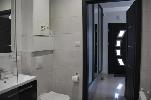 ein Badezimmer mit einem WC, einem Waschbecken und einem Spiegel in der Unterkunft Domki do wynajęcia in Wolsztyn