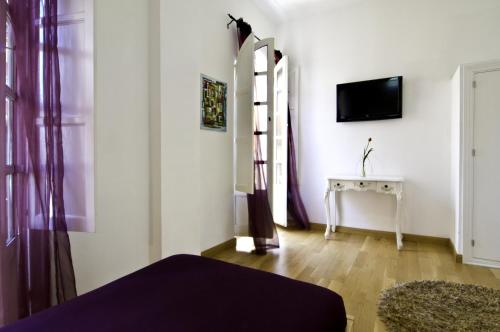 sala de estar con paredes blancas y TV en la pared en Un Patio en Santa Cruz, en Sevilla