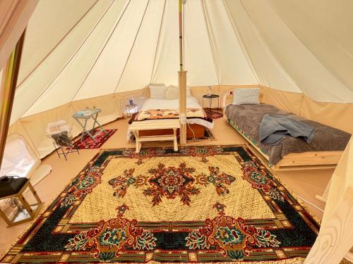 Glamping Agapia Agapescu في أغابيا: غرفة مع خيمة مع سجادة على الأرض