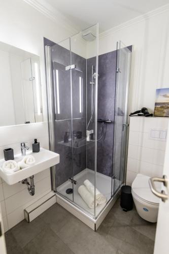 a bathroom with a shower and a sink and a toilet at Hökis-Zimmervermietung 1 in Brande-Hörnerkirchen