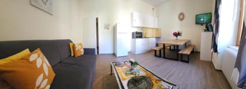 uma sala de estar com um sofá e uma cozinha em Gite Jonquille 2 à 8 personnes avec SPA em Ventron