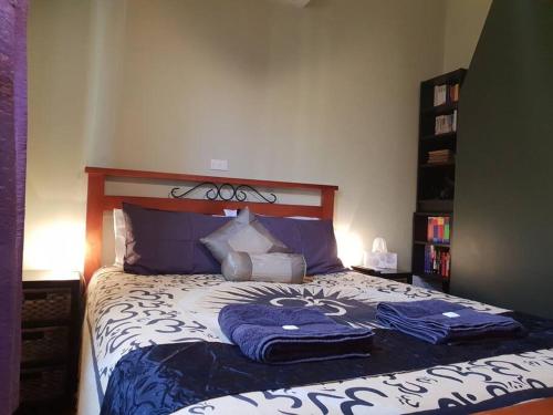 1 dormitorio con 1 cama con sábanas azules y blancas en No no no no, en Melbourne