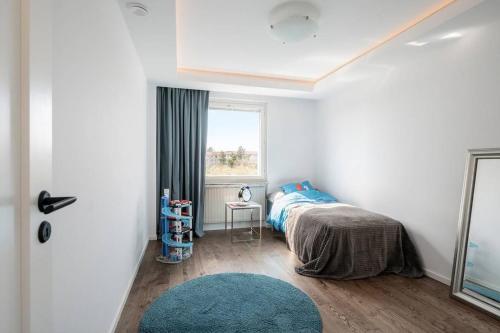 1 dormitorio con cama, ventana y alfombra en Vackert nyrenoverad lägenhet, en Estocolmo