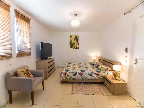 a bedroom with a bed and a chair and a tv at Villa Syracuse - Chambre privée avec piscine et jardin in Cogolin