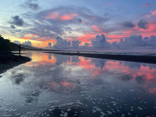 a person standing on a beach with a sunset at Perla Negra Beachfront in Puerto Viejo