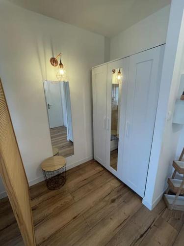 een kamer met een hal met een spiegel en een houten vloer bij L'Helvétique - Calme - Proche tram Genève in Ambilly
