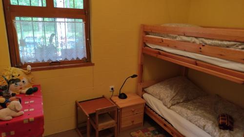 een kleine slaapkamer met een stapelbed en een bureau bij Appartement Camping Paradijs in Zlatá Koruna