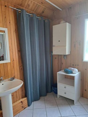 une salle de bain avec un rideau de douche et un lavabo dans l'établissement Maisonnette Pont de l’Arche, à Pont-de-lʼArche