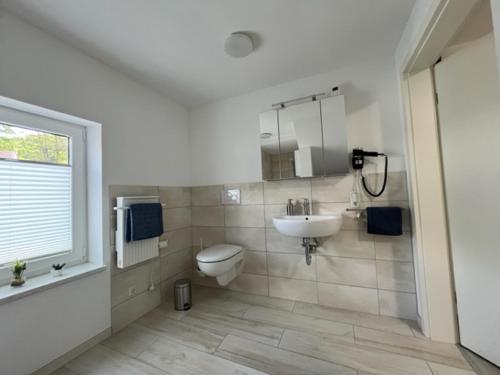 a bathroom with a toilet and a sink at Reiterhof Füllnhausen in Kröge