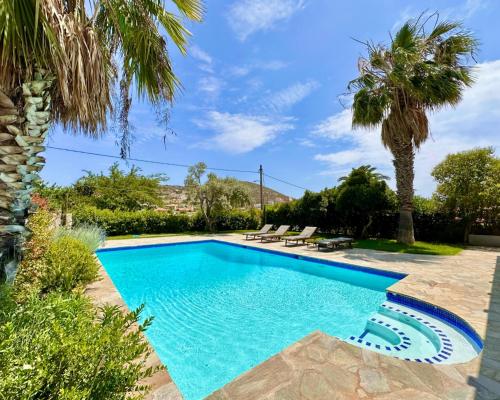 einen Pool in einem Garten mit Palmen in der Unterkunft George's gorgeous house Anavysos in Anavyssos