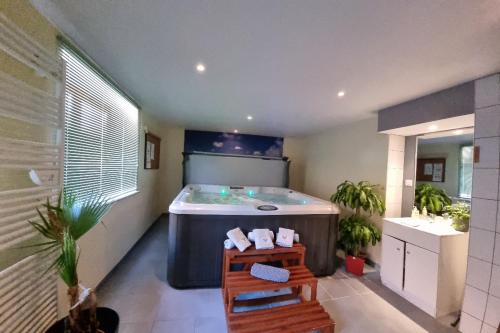Habitación con baño grande con bañera. en Gite Bruyère 2 à 5 pers dans Residence des Buis avec SPA en Ventron