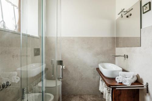 a bathroom with a sink and a glass shower at Anita in Colle di Val d'Elsa