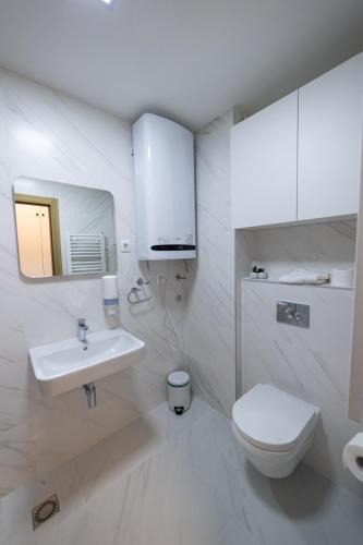 a white bathroom with a toilet and a sink at Apart Kraft in Podgorica