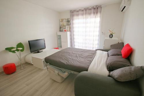 une chambre avec un lit, un canapé et une télévision dans l'établissement Résidence Gambetta, à Antibes
