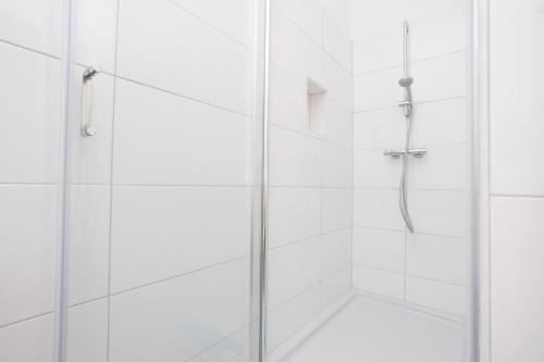 a white shower with a glass shower door at Dubasa B&B in Vantačići