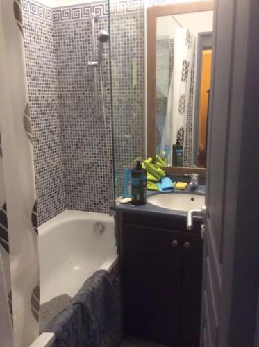 une salle de bain avec une baignoire, un lavabo et un miroir dans l'établissement VUE MER 4 pers. 50 m plage Clim Piscine Parking HH FERNANDE, à Cannes